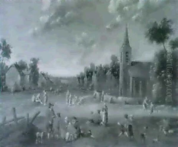 Bauerliches Genrebild Eines Niederlandischen Dorfplatzes    Mit Kirche Oil Painting by Joost Cornelisz. Droochsloot