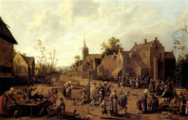 A Village Street Scene With Figures. Oil Painting by Joost Cornelisz. Droochsloot