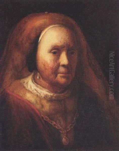 An Elderly Woman Wearing A Yellow-brown Fur Dress With White Collar, A Red Cloak, Pearl Earrings, A Golden Chain And A Veil Oil Painting by Willem Drost