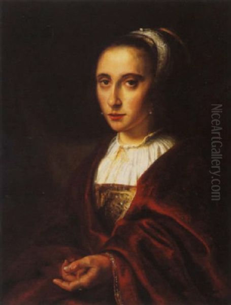 Portrait Of A Young Woman In A Crimson Wrap Oil Painting by Willem Drost