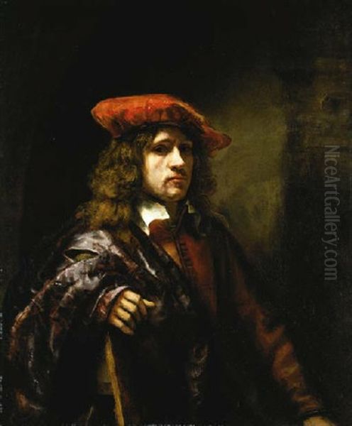 Portrait Of A Young Man In A Red Jacket And Broad-brimmed Cap And A Purple Cloak Oil Painting by Willem Drost