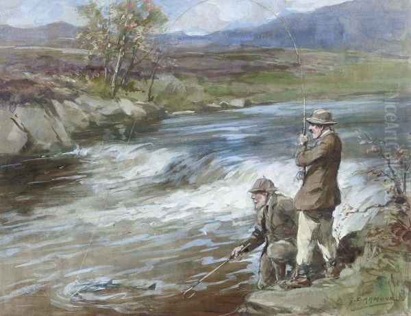 Landing A Salmon Oil Painting by George Denholm Armour