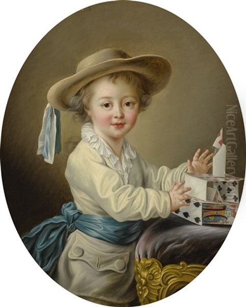 A Boy Playing With A House Of Cards, On A Gilt Upholstered Footstool by Francois Hubert Drouais