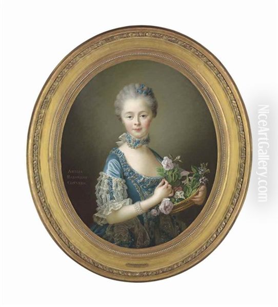 Portrait Of Lady Amelia Darcy, Later 9th Baroness Conyers And 12th Baroness Darcy De Knayth (1754-1784), Wife Of Francis Godolphin Osborne, Marquess Of Carmarthen, Later 5th Duke Of Leeds, Half-length, In A Blue Silk Gown With An Embellished Stomacher And Oil Painting by Francois Hubert Drouais