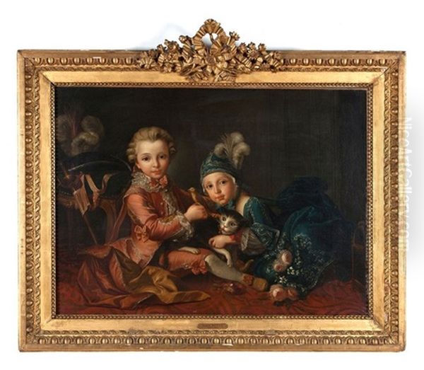 Deux Jeunes Enfants Jouant Avec Un Oiseau Oil Painting by Francois Hubert Drouais