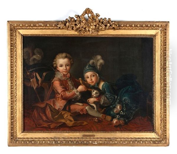 Deux Jeunes Enfants Jouant Avec Un Oiseau Oil Painting by Francois Hubert Drouais