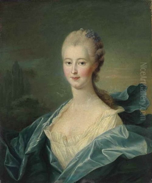 Portrait Of A Lady, Half-length, In A White Dress With A Blue Satin Cloak Oil Painting by Francois Hubert Drouais