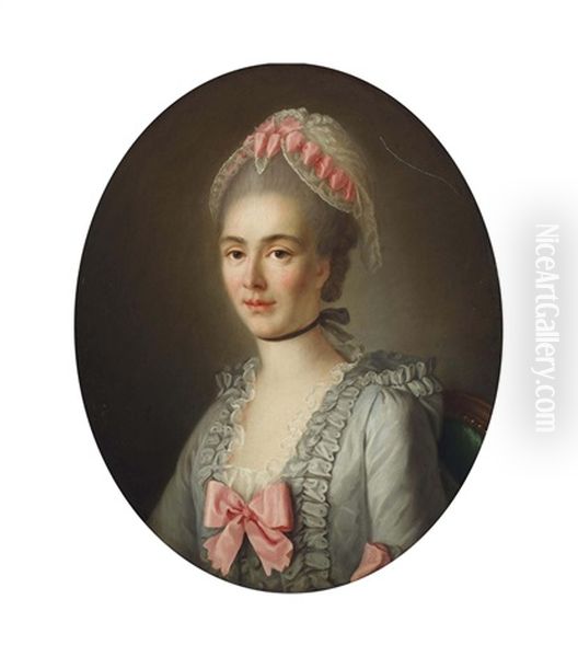 Portrait Of A Lady, Half-length, Wearing A Blue Dress With Pink Ribbons And A White Lace Cap Oil Painting by Francois Hubert Drouais