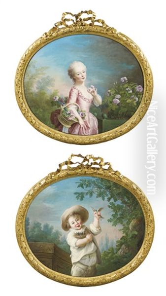 Mademoiselle Betzy Cueillant Des Roses Et Un Enfant Tenant Un Nid D'oiseau (pair) Oil Painting by Francois Hubert Drouais