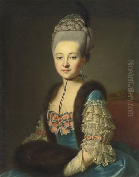 Portrait Of A Young Lady, In A Blue Silk Dress With Fur Trim And Muff Oil Painting by Francois Hubert Drouais