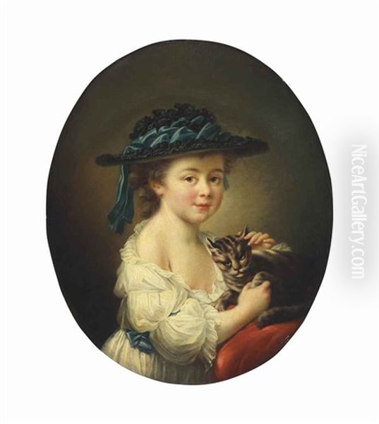 A Girl With A Cat Oil Painting by Francois Hubert Drouais