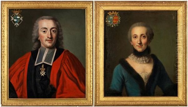 Portrait Presume De Guerrier De Romagnat Dans Sa Robe De Parlementaire Arborant La Decoration Royale De Saint-louis Et Portrait Presume De Madame Guerrier De Romagnat En Robe Bleue A Bordure Fourree Et Col De Fourrure (2 Works) Oil Painting by Francois Hubert Drouais