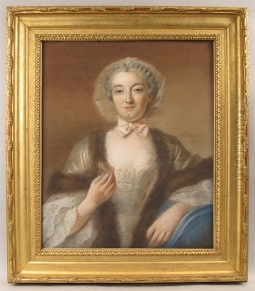 Portrait D'une Dame De Qualite, En Buste, De Trois-quarts, Portant Une Robe Bordee De Fourrure Et Tenant Dans La Main Droite Une Navette A Filer Oil Painting by Francois Hubert Drouais