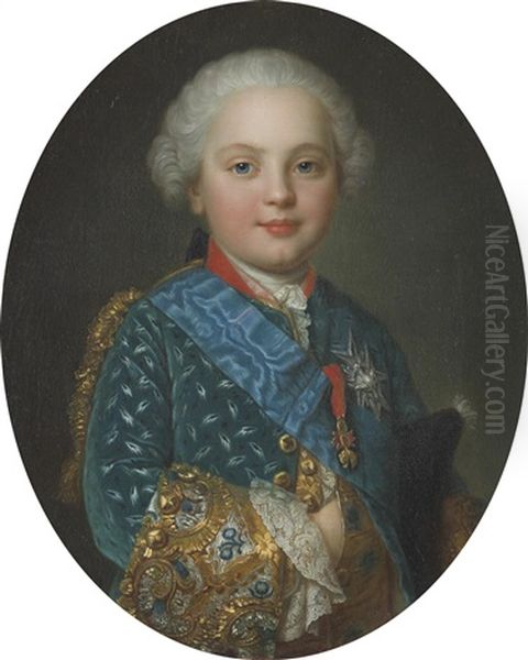 A Portrait Of A Child Of The Royal Family, Half-length, Wearing The Order Of The Holy Spirit And The Order Of The Golden Fleece, Thought To Be Charles Philippe Of France by Francois Hubert Drouais