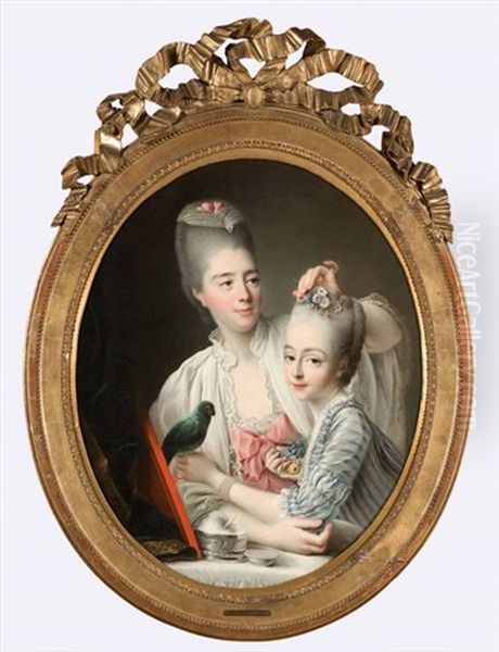 Portrait D'une Dame De Qualite Coiffant Sa Fille Accompagnee De Son Perroquet Oil Painting by Francois Hubert Drouais