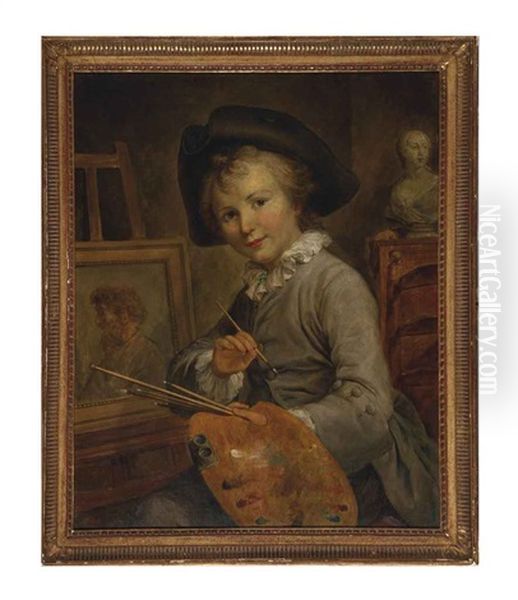 Portrait Of A Young Boy, Three-quarter-length, Seated At An Easel, A Classical Bust Behind Oil Painting by Francois Hubert Drouais