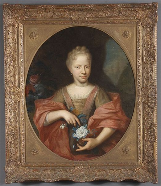 Portrait Of Woman With Spray Of Flowers Oil Painting by Francois Hubert Drouais