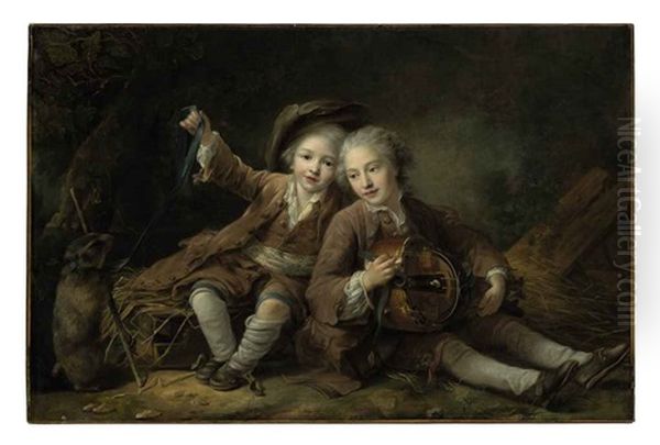 The Children Of The Duc De Bouillon Dressed As Montagnards; One Playing A Hurdy-gurdy, The Other Playing With A Marmot On A Ribbon Oil Painting by Francois Hubert Drouais