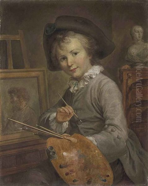 Portrait Of A Young Boy Seated At An Easel, A Classical Bust Behind Oil Painting by Francois Hubert Drouais