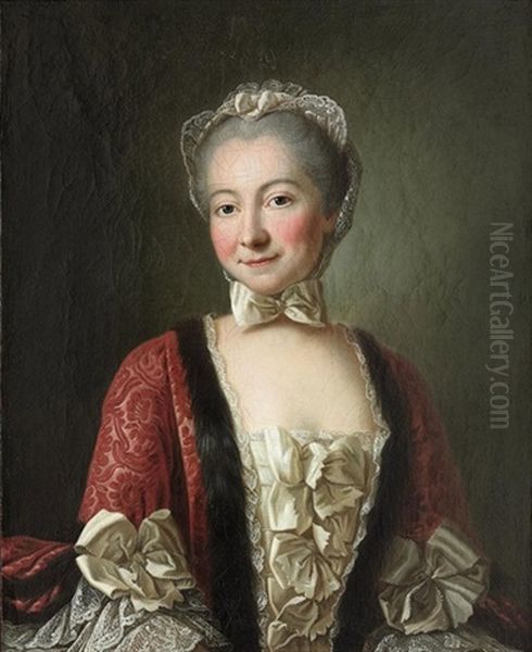 Portrait Of A Lady (marquise De Beauharnais?) In A Lace Gown And Fur-lined Coat, With A Bonnet Oil Painting by Francois Hubert Drouais