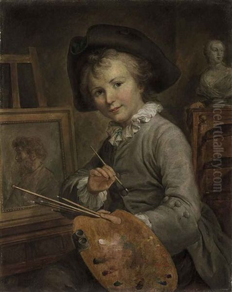 Portrait Of A Young Boy Seated At An Easel, A Classical Bust Behind Oil Painting by Francois Hubert Drouais