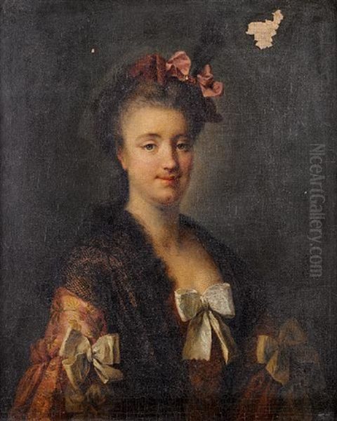 Portrait Of A Lady, In A Pink Embroidered Silk Dress And A Black Lace Shawl, A Pink Ribbon In Her Hair Oil Painting by Francois Hubert Drouais