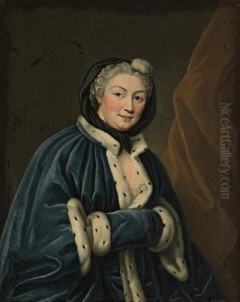 Portrait Of A Lady In An Ermine Trimmed Blue Velvet Mantle And Muff Oil Painting by Francois Hubert Drouais