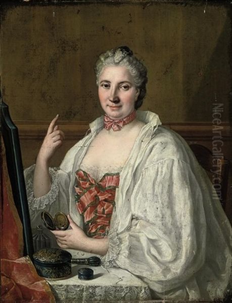 Portrait Of A Lady Seated At Her Toilette, Applying A Beauty Spot Oil Painting by Francois Hubert Drouais