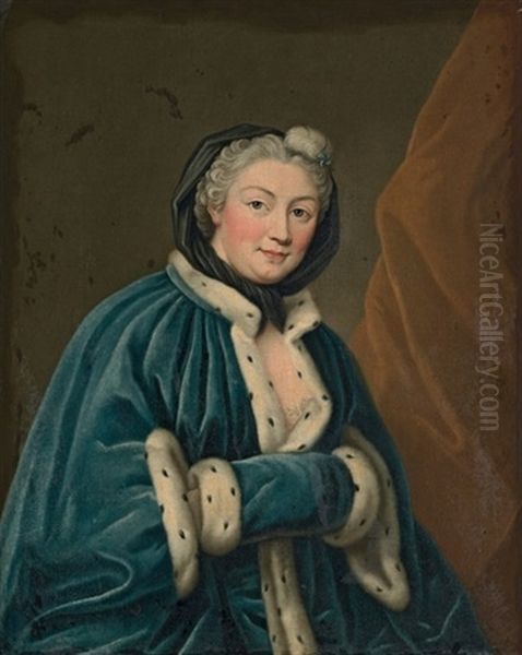 Portrait Of A Lady In An Ermine-trimmed Blue Velvet Mantle And Muff Oil Painting by Francois Hubert Drouais