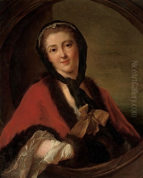 Portrait Of A Lady In A Red Fur-trimmed Cloak, In A Sculpted Cartouche Oil Painting by Francois Hubert Drouais