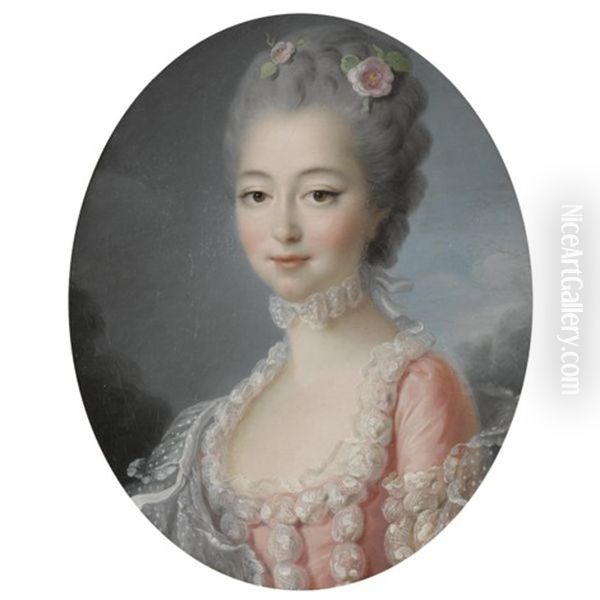 Portrait Of A Lady, Half-length, Wearing A Pink Dress With A Lace Trim Oil Painting by Francois Hubert Drouais