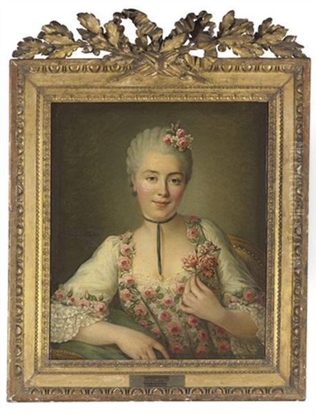 Portrait Of A Lady Said To Be Mlle. Dore, Half-length, In A White Dress With Pink Roses Oil Painting by Francois Hubert Drouais