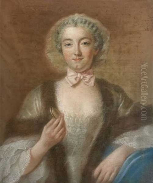 Portrait De Femme A La Robe Bordee De Fourrure, Tenant Un Etui A La Main Oil Painting by Francois Hubert Drouais