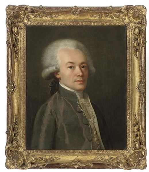 Portrait Of A Gentleman, Half-length, In A Grey Coat And Embroidered Waistcoat Oil Painting by Francois Hubert Drouais