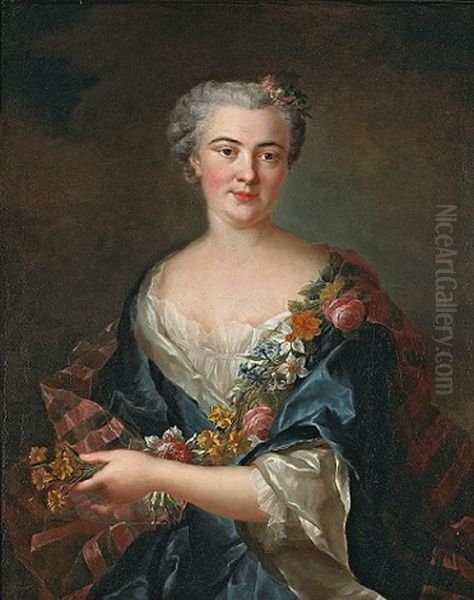 A Portrait Of The Comtesse De Beaumont Holding Flowers Oil Painting by Francois Hubert Drouais