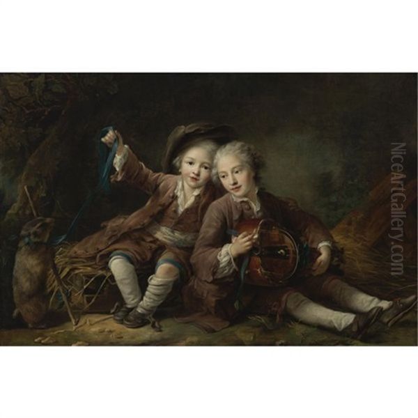 The Children Of The Duc De Bouillon Dressed As Montagnards; One Playing A Hurdy-gurdy, The Other Playing With A Marmot On A Ribbon by Francois Hubert Drouais