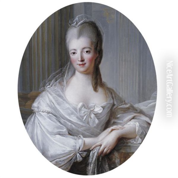 Portrait Of A Young Woman, Wearing A White Dress With A Large Bow Oil Painting by Francois Hubert Drouais