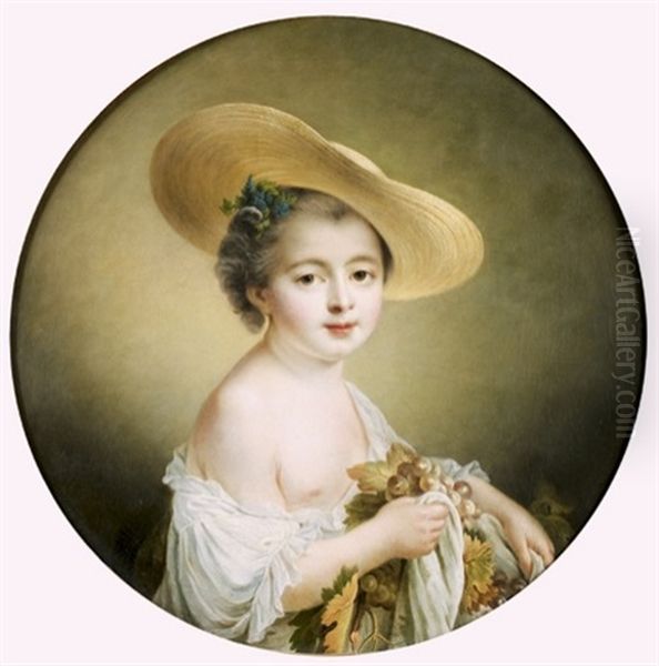 Portrait D'une Jeune Fille Au Chapeau De Paille Tenant Des Grappes De Raisin Oil Painting by Francois Hubert Drouais