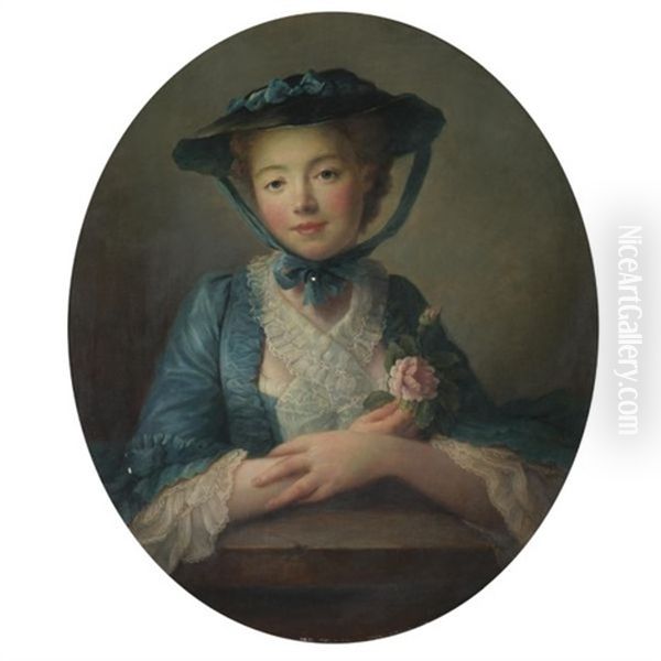 Portrait Of A Young Girl, Half Length, In A Blue Dress And Hat, Holding Roses Oil Painting by Francois Hubert Drouais