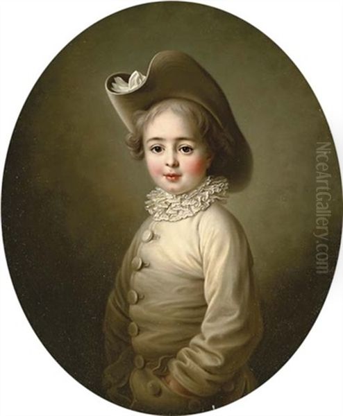 Portrait Of A Young Boy In A White Silk Coat And A Hat Oil Painting by Francois Hubert Drouais