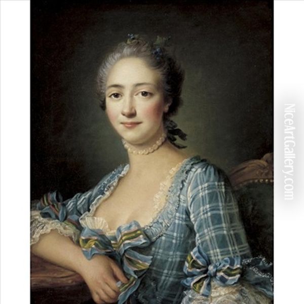 Portrait Of A Lady, Seated And Resting Her Right Arm On A Marble Top Oil Painting by Francois Hubert Drouais