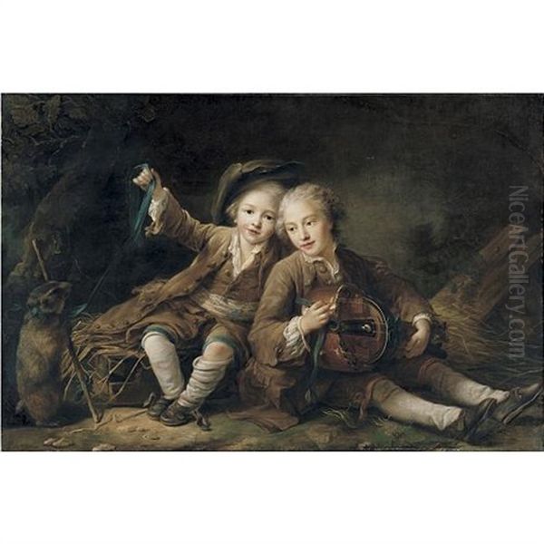 The Children Of The Duc De Bouillon Dressed As Montagnards; One Playing A Hurdy-gurdy, The Other Playing With A Marmot On A Ribbon Oil Painting by Francois Hubert Drouais