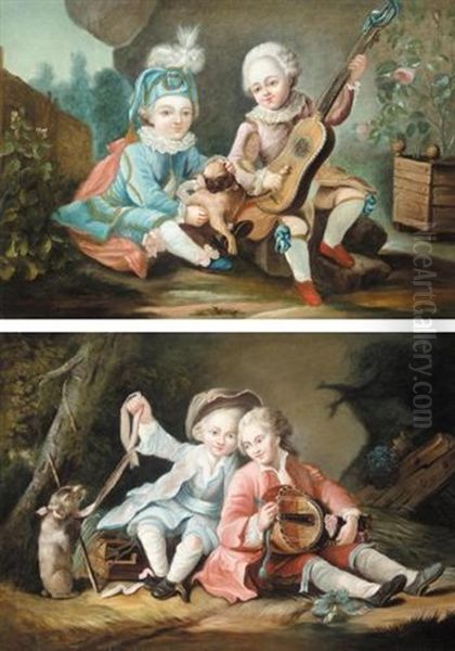 Portrait Of Two Children, One Holding A Lute And The Other Leading A Rat On A Ribbon: Children Of The Duc De Bouillon? (+ Portrait Of Two Children; Pair) Oil Painting by Francois Hubert Drouais