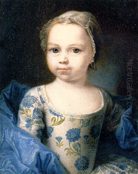 Portrait Of A Young Girl, Small Half-length, In A White Silk Dress With A Blue Floral Pattern And A Blue Silk Shawl, With A Lace Headdress Oil Painting by Francois Hubert Drouais