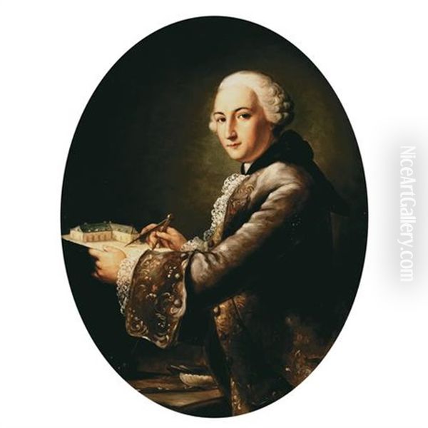 A Portrait Of An Architect Standing At A Desk Holding A Model Of A Building Oil Painting by Francois Hubert Drouais