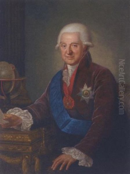 Portrait Of Prince Aleksandr Mikhailovich Golitzine Seated With His Right Arm Resting On A Desk Oil Painting by Francois Hubert Drouais