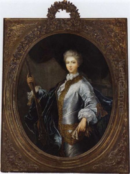 Portrait Of A Lady In A Pale Blue Dress With Gold Brocade And A Blue Wrap, A Gun In Her Right Hand, A Diamond Crescent Moon In Her Hair Oil Painting by Francois Hubert Drouais