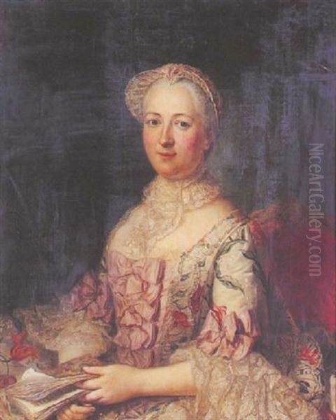 Portrait De Femme A La Robe De Dentelle Tenant Un Livre by Francois Hubert Drouais