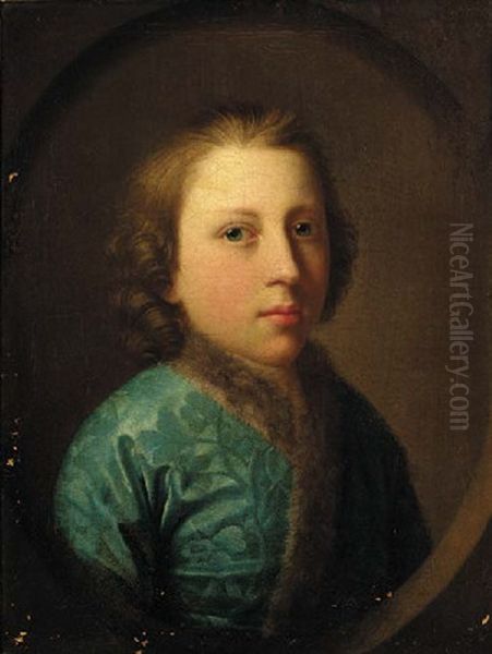 Portrait Of A Boy In A Fur-trimmed Blue Satin Coat Oil Painting by Francois Hubert Drouais