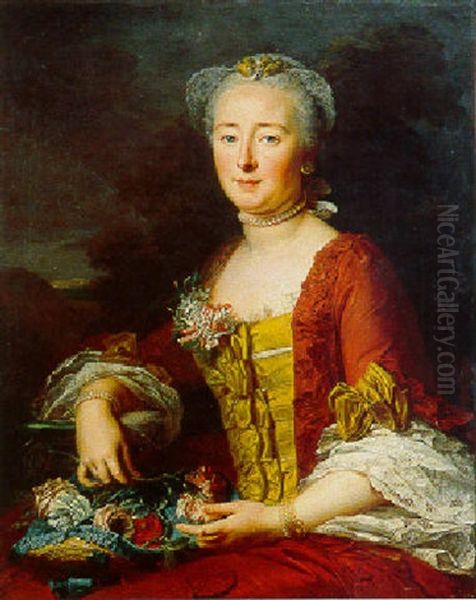 Portrait De Femme Tenant Des Fleurs Oil Painting by Francois Hubert Drouais